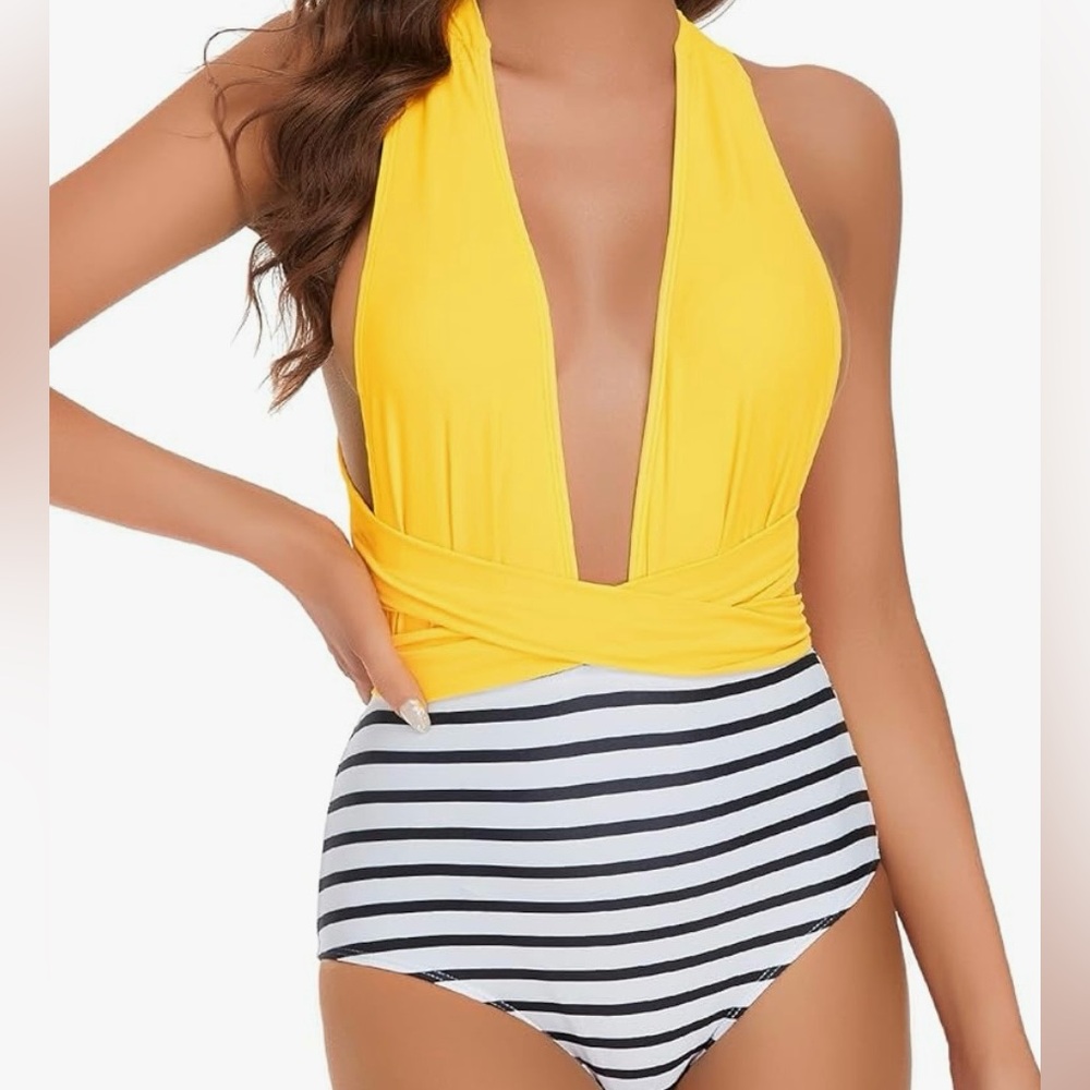 Yellow Navy Stripe Color Block One Piece Swimsuit Deep V Halter Neck - Resort